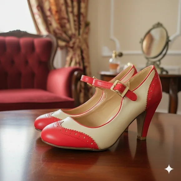 Kym By J Adams Classic Two-Tone Mary Jane High Heels in Red and Cream - Picture 4 of 15